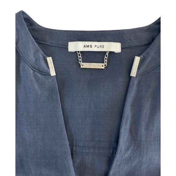 AMS Pure Blue Linen Silk Zipper Womens Top Roll Tab Sleeve US 6 Spain Minimalist - Picture 6 of 9